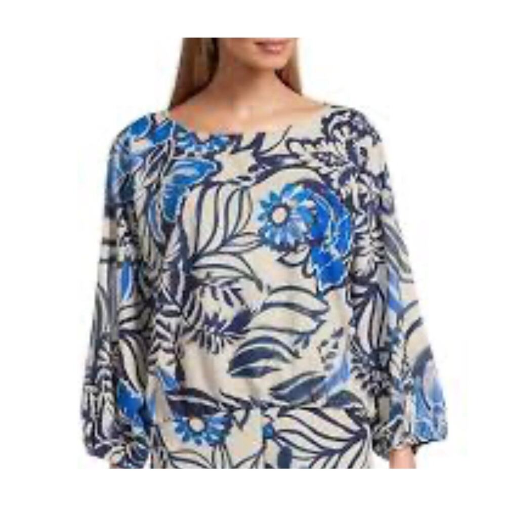 Bryn Walker Draped Neck Top Blue Floral Dolman Sleeve Artsy Blouse Boho Large